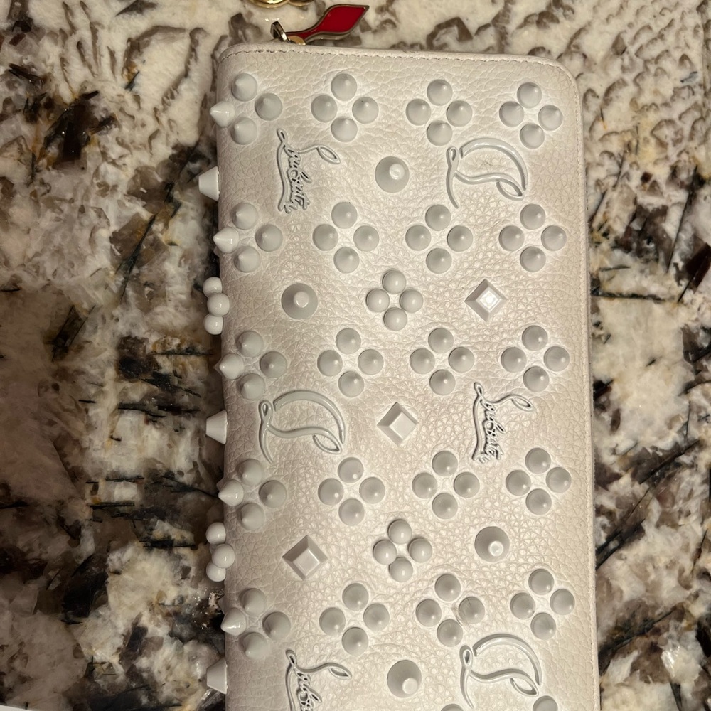 Authentic Christian Louboutin, white zip wallet with studs